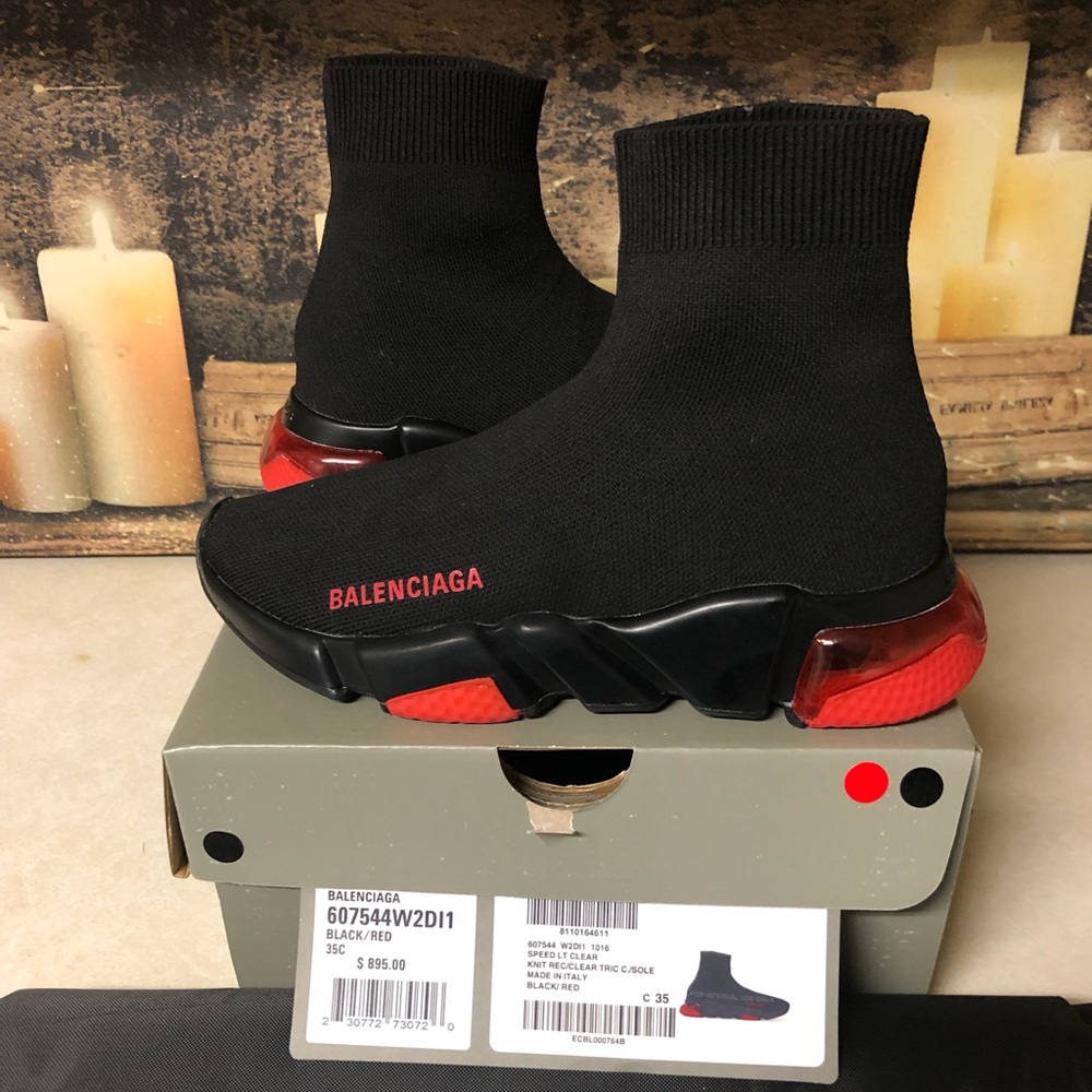 Balenciaga Speed Trainer Runner Clear Red Bubble Mid-Top Women Size 5 Black Red